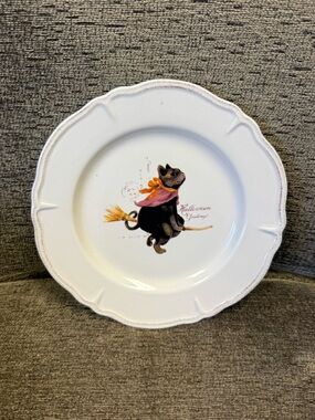 Magenta Halloween Greetings Black Cat Witch Broom Ceramic Decor Plate